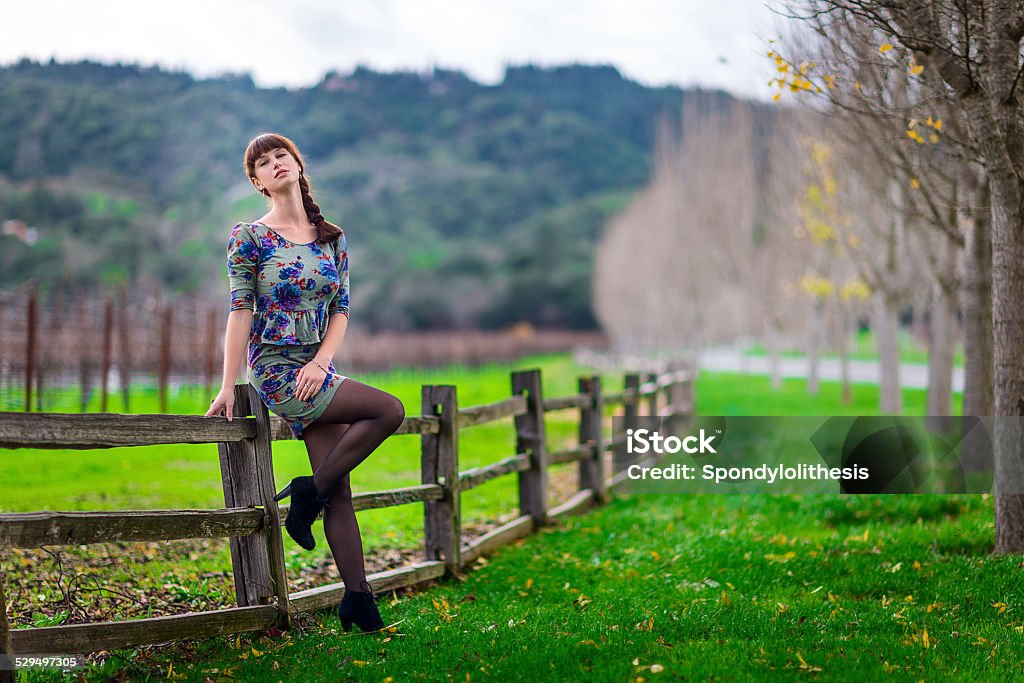 Portrait of beautiful woman at Napa Portrait of beautiful woman lean on the fens and looking up. Wineyard on the background. Canon 1Dx, Adobe RGB. Adult Stock Photo