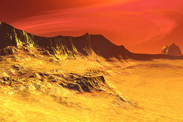 istock 3D rendered fantasy alien planet. Rocks and sky 529498397
