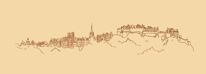 Drawing - sketch in beige and brown colors with a view of the historic part of Edinburgh. Sketch combined from different parts of the city. It portrays a fortress on Castle rock, building of the University and other attractions of the capital of Scotland. Figure and background in different layers it allows to make them any color.