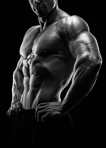 e ajuste muscular jovem fitness modelo posando bodybuilder masculinos. - human muscle body building exercising black and white - fotografias e filmes do acervo