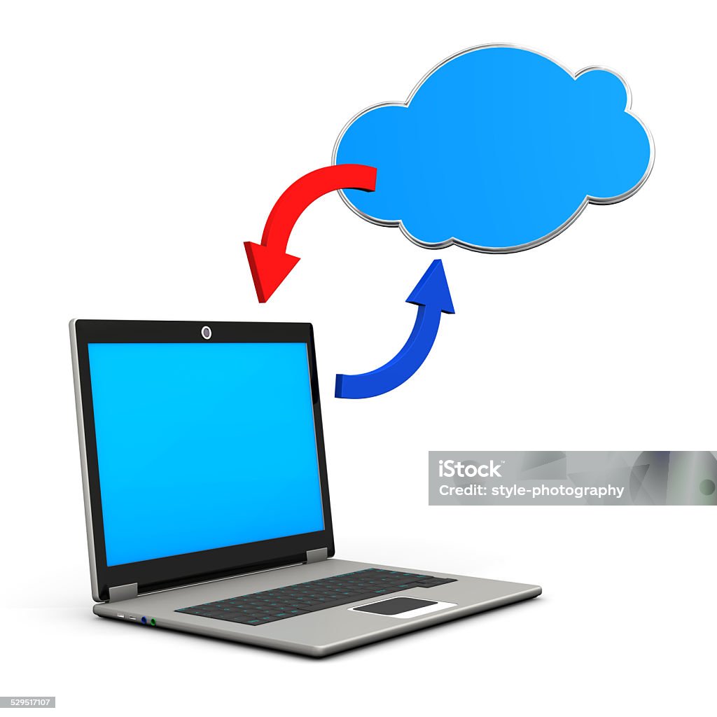 Laptop Blue Cloud Laptop with blue cloud and redblue arrows. White background.. Archives Stock Photo