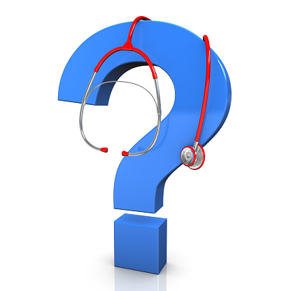 Red stethoscope with blue question mark on the white background.