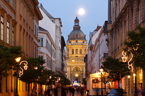 Christmas market in front of St Stephen's Basilica in Budapest, Hungary