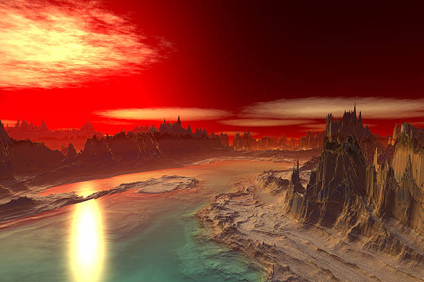 istock 3D rendered fantasy alien planet. Rocks and  sunset 529520559
