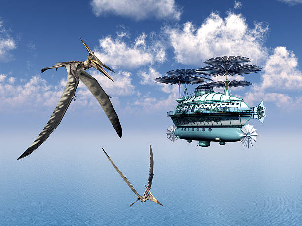 istock Fantasy Airship and the Pterosaur Pteranodon 529521915