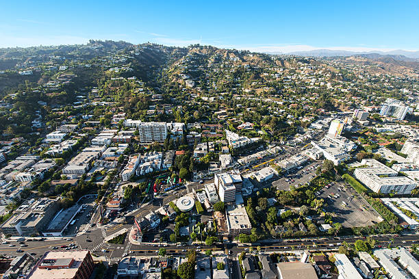 Aerial View of Sunset Boulevard in West Hollywood, California Aerial view of Sunset Boulevard in West Hollywood, California sunset strip stock pictures, royalty-free photos & images
