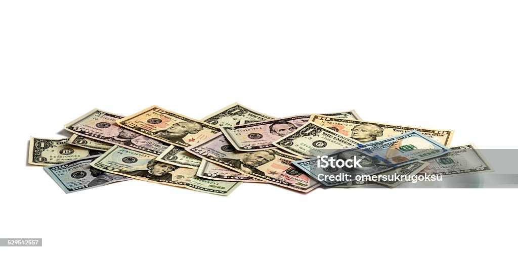 Stack of Dollars Stack of US Paper Currency on white background. American Fifty Dollar Bill Stock Photo