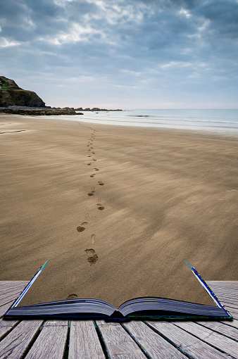 Footprints on empty beach Summer landscape conceptual book image