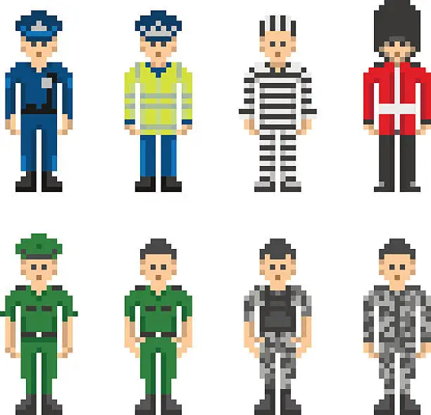 Vector illustration of Police and Military People in Pixel Art Style