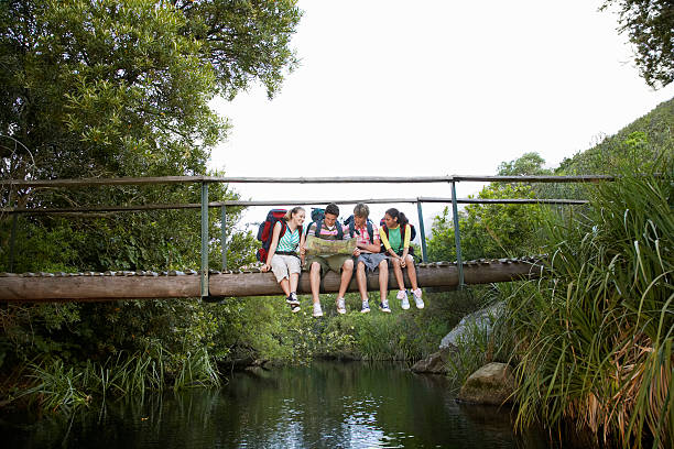 istock Teenagers With Backpacks Reading Map On Bridge 529557879