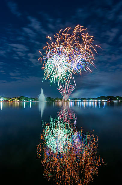 istock colourful fireworks with a reflection on the water for celebrati 529559179