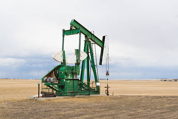 pumpjack in alberta, canada - oil pump oil industry prairie field foto e immagini stock