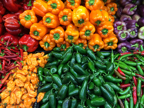 Variety of chile and bell peppers.