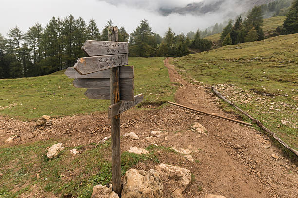 istock wooden board with directions in Dolomites 529574497