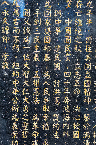 istock Gold Chinese Writing Etched Into Black Marble Slab 529575557