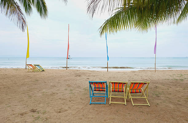 chaise longue sous un palmier sur une plage tropicale - beach tropical climate palm tree deck chair photos et images de collection
