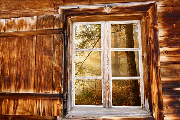 istock View through the wooden window into the autumn forest 529589059