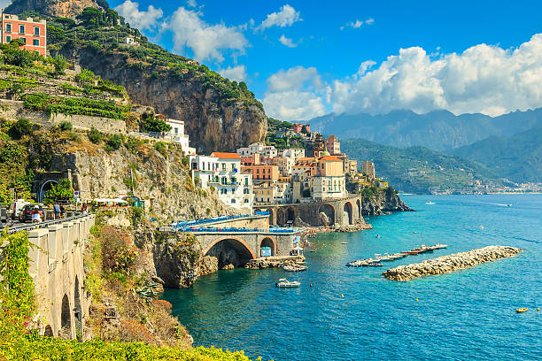 Panoramic view of Amalfi and harbor,Italy,Europe Beautiful bay and famous resort of Amalfi,Campania region,Italy,Europe amalfi food stock pictures, royalty-free photos & images