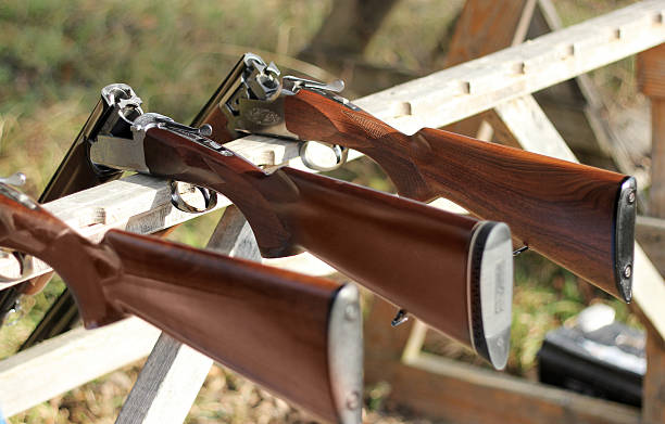 Skeet shooting, closeup of a shotgun stock photo