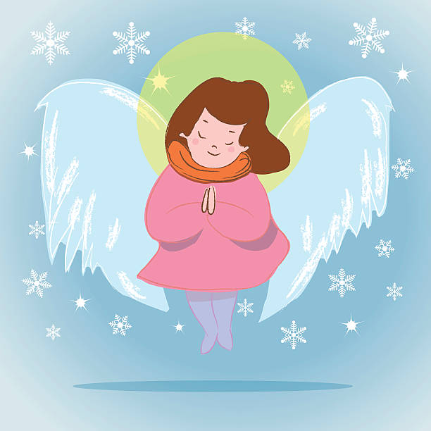Little girl as an angel character with a halo Illustration of a little girl as an angel character with a halo, floating above the ground with two hands folded for prayer and snowflakes falling from the sky girl levitating stock illustrations