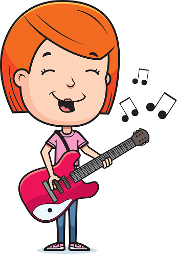 A cartoon illustration of a teenage girl playing an electric guitar.
