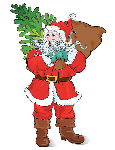 santa claus tragen ein sack von geschenken und weihnachtsbaum - lieke klaus stock-grafiken, -clipart, -cartoons und -symbole