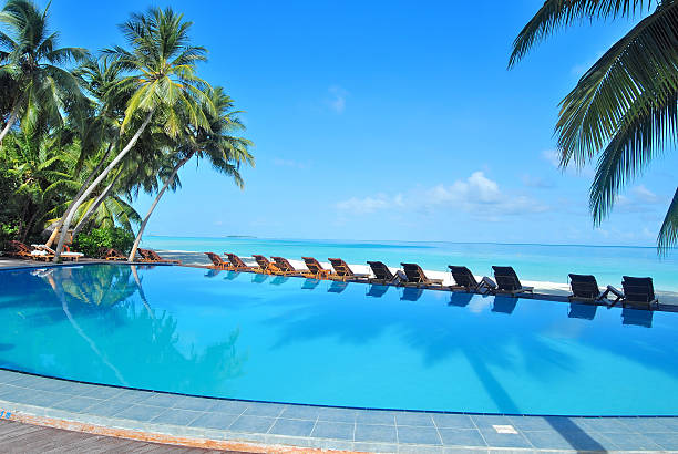 istock Luxury infinity swimming pool at tropical beach 529649079