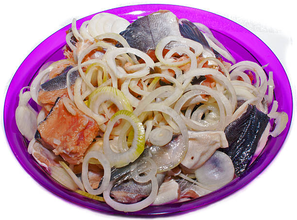Fish salmon pickled salted onion. stock photo