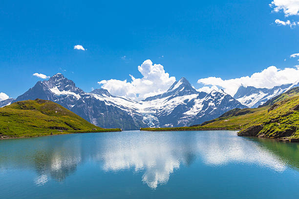 bachalpsee und der schnee gipfel von jungfrauregion - schreckhorn stock-fotos und bilder