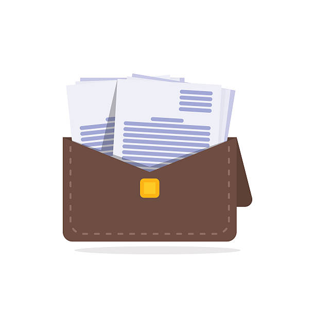 коричневый кожаный портфель с ручкой и отстрочкой - stack file paper document stock illustrations