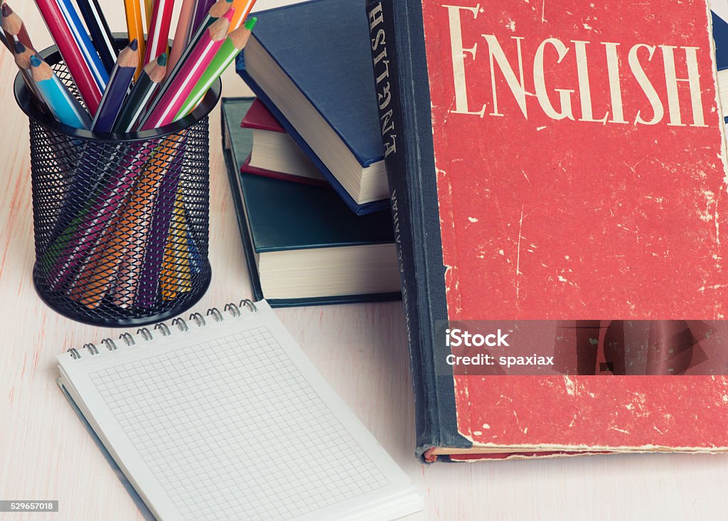 learn English learn English concept. Book and education supplies England Stock Photo