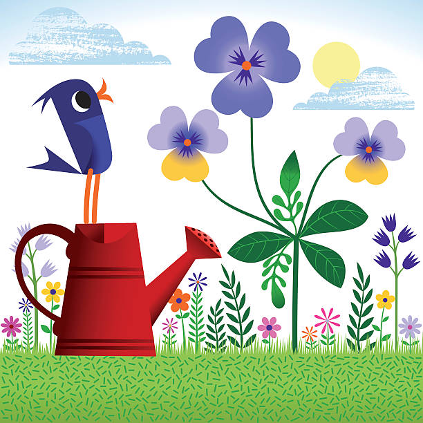 ilustraciones, imágenes clip art, dibujos animados e iconos de stock de pájaro en primavera o verano al jardín. - tulip sunflower single flower flower