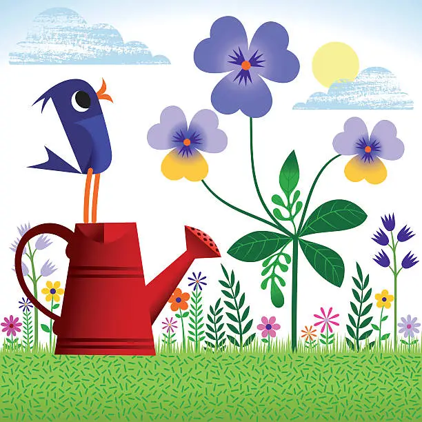 Vector illustration of Bird in Spring or Summer garden.