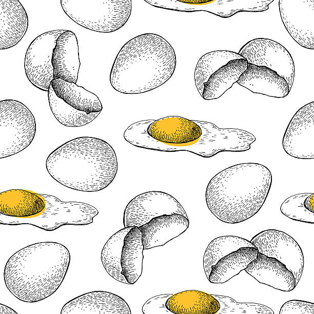 Vector seamless chicken scrambled egg pattern. Engraved style il Vector seamless chicken scrambled egg pattern. Engraved style illustration. Morning meal background. Chicken farm product broken yolk stock illustrations