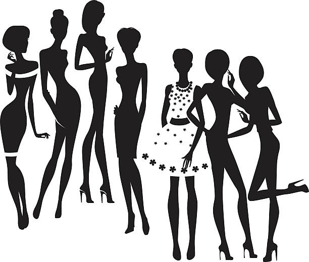 silhouette of group fashion girls vector art illustration