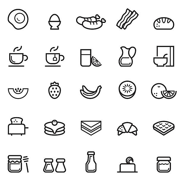 illustrazioni stock, clip art, cartoni animati e icone di tendenza di colazione icone sottile linea - baked potato