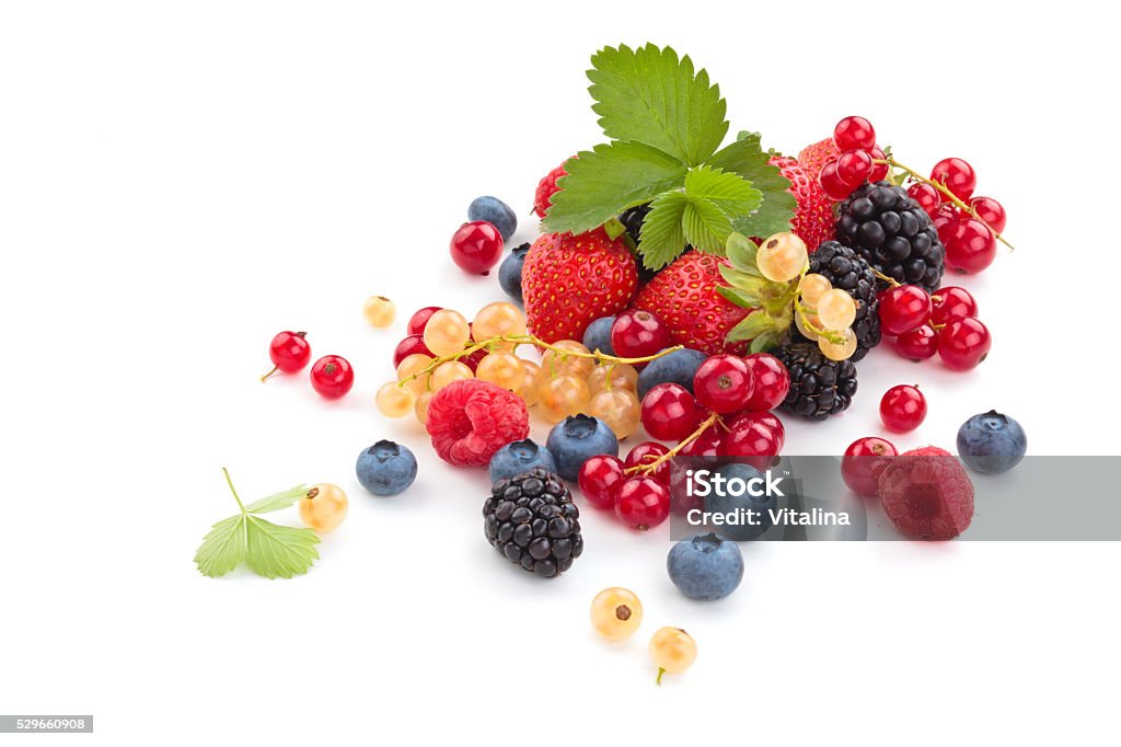 Fresh fruits with leaves. Assorted fruits and leaves. Isolated on white background. Berry Fruit Stock Photo