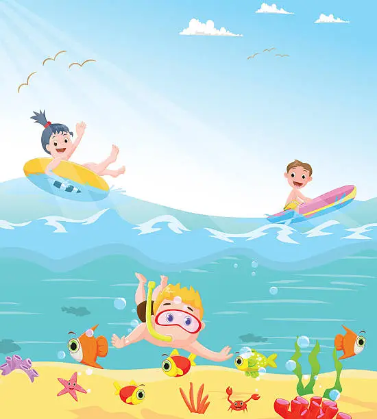 Vector illustration of funny kids swimming theme