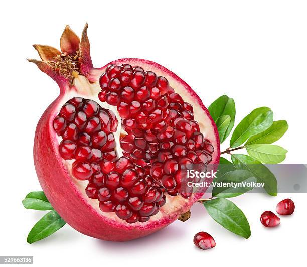 Pomegranate Fruit With Green Leaves Stock Photo - Download Image Now - Pomegranate, Pomegranate Tree, White Background