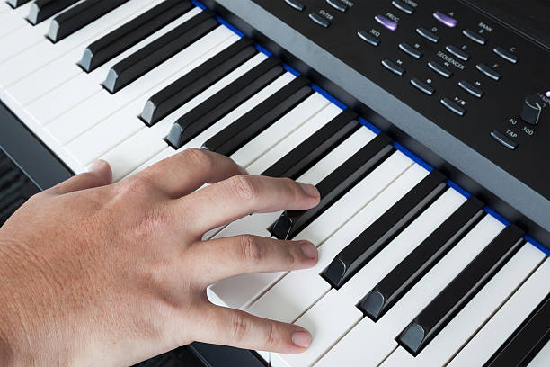 istock hand on Piano Keyboard synthesizer closeup key frontal view 529663250