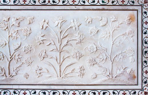 Patterns on the wall of the Taj Mahal in Agra, India. Taj Mahal is a UNESCO World Heritage Site.
