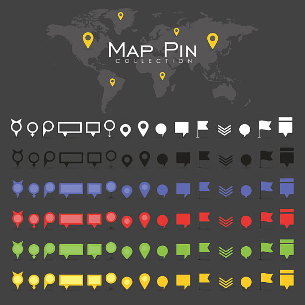 Vector pin map icon mark symbol location Vector pin map icon mark symbol location colorful retro flat shadow collection surgical pin stock illustrations