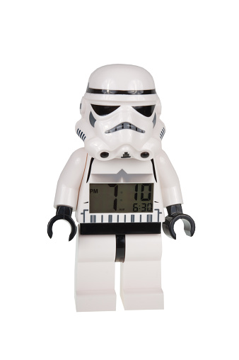 Adelaide, Australia - December 25, 2015: A studio shot of a Stormtrooper Lego minifigure alarm clock from the movie series Star Wars. Lego is extremely popular worldwide with children and collectors.