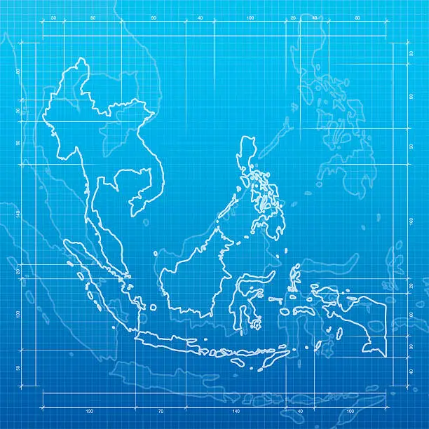 Vector illustration of Southeast Asia map on blueprint background