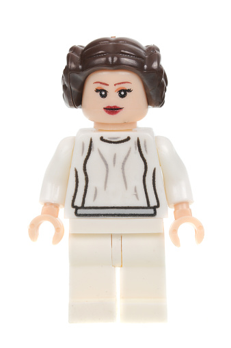 Adelaide, Australia - May 09, 2016: A photo of a Star Wars Princess Leia Lego Minifigure isolated on a white background. Lego and Star Wars merchandise are highly sought after collectables.