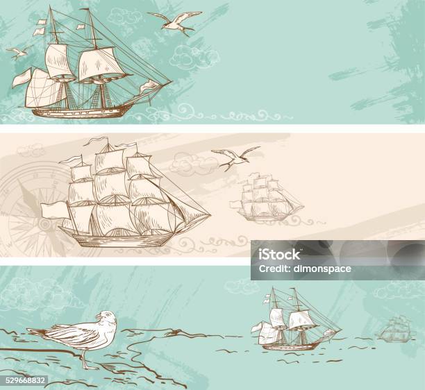 Vintage Banners With Sailing Ships Stock Illustration - Download Image Now - Map, Pencil Drawing, Adventure