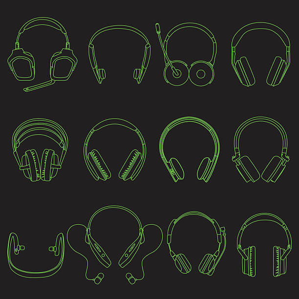 słuchawki neon sylwetki zestaw liniowe - listening people human ear speaker stock illustrations
