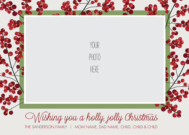 weihnachten weihnachtskarte mit holly grenze vorlage - stechpalme fotos stock-grafiken, -clipart, -cartoons und -symbole