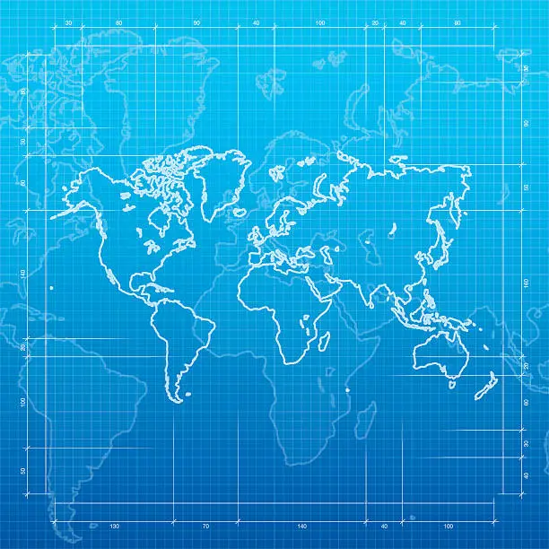Vector illustration of World map on blueprint background