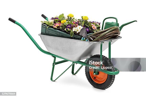 Wheelbarrow Full Of Gardening Equipment Stock Photo - Download Image Now - Wheelbarrow, Gardening Equipment, Cut Out